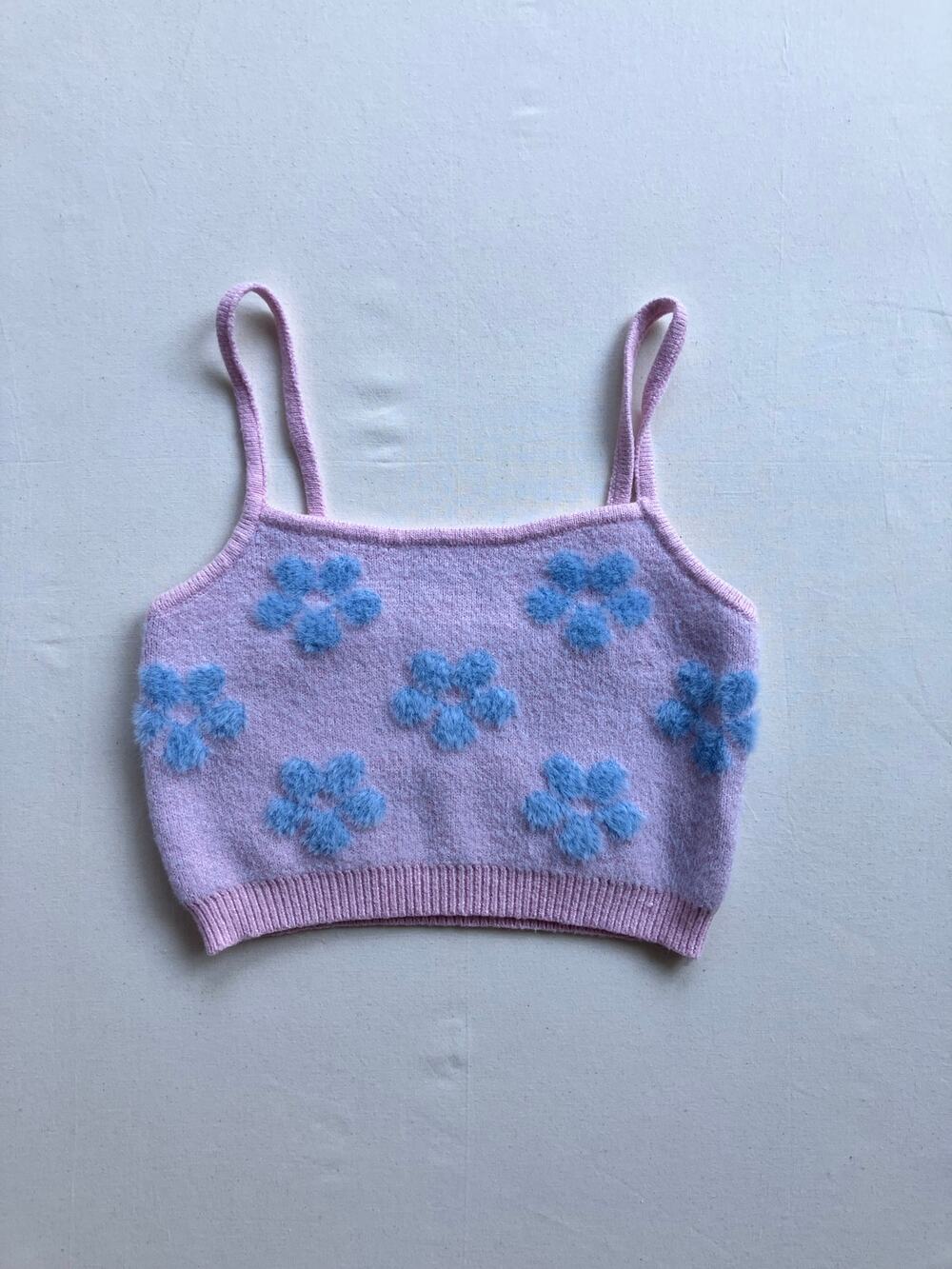 Adika Fuzzy Eyelash Knit Crop Top Pink Blue Daisy Camisole Tank Size M/L